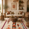 Handwoven Azilal rug with colorful tribal line pattern on ivory wool in Moroccan interior