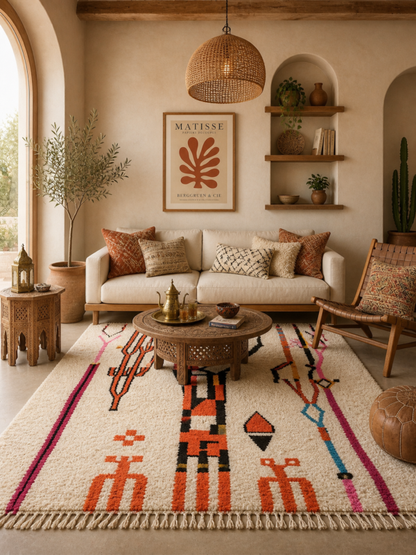 Handwoven Azilal rug with colorful tribal line pattern on ivory wool in Moroccan interior