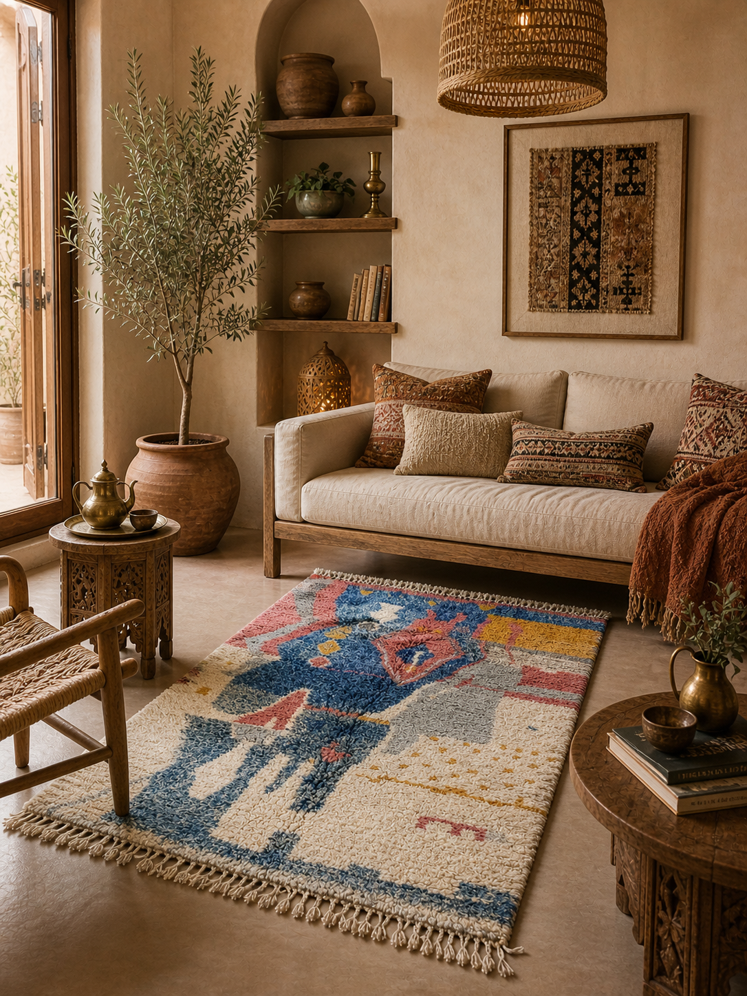 Handwoven Boujaad rug with colorful abstract pattern in Moroccan interior