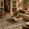 Handwoven Zanafi Azilal rug with black and ivory geometric pattern in Moroccan interior