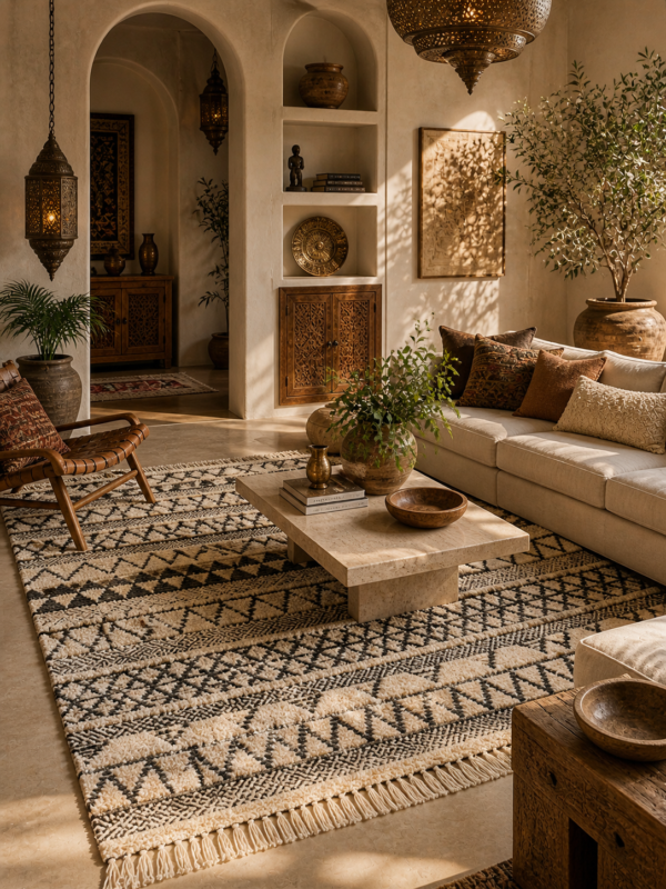 Handwoven Zanafi Azilal rug with black and ivory geometric pattern in Moroccan interior