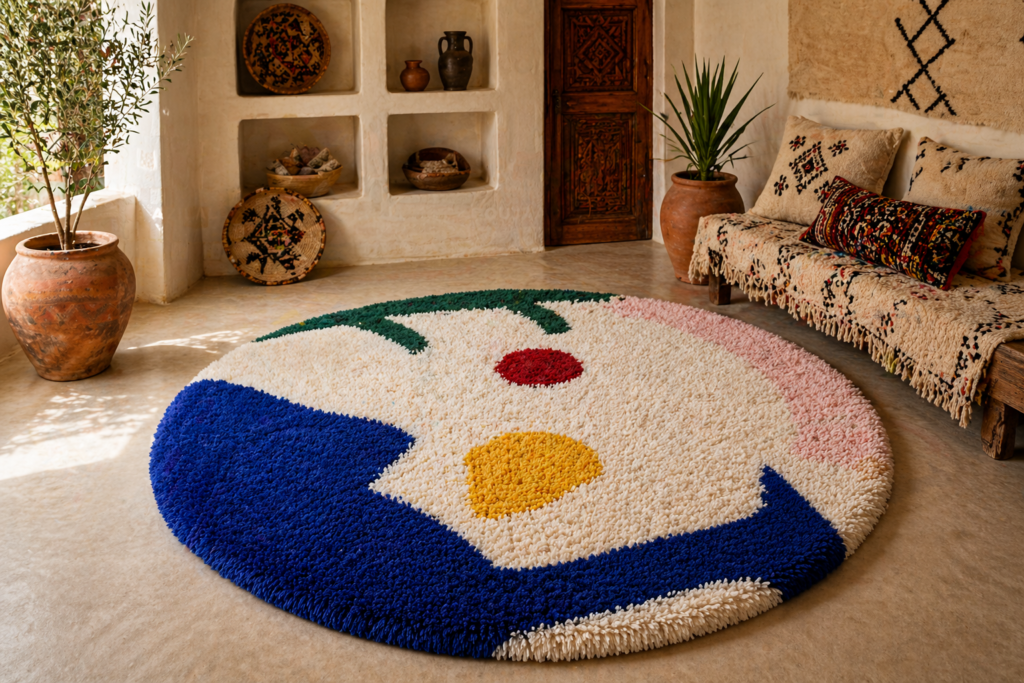 Round Abstract Berber Wool Rug