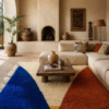 Handwoven Azilal rug with blue and terracotta abstract design in Moroccan living room