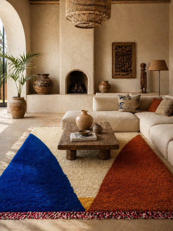 Handwoven Azilal rug with blue and terracotta abstract design in Moroccan living room
