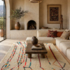 Handwoven Azilal rug with colorful abstract tribal pattern in Moroccan living room