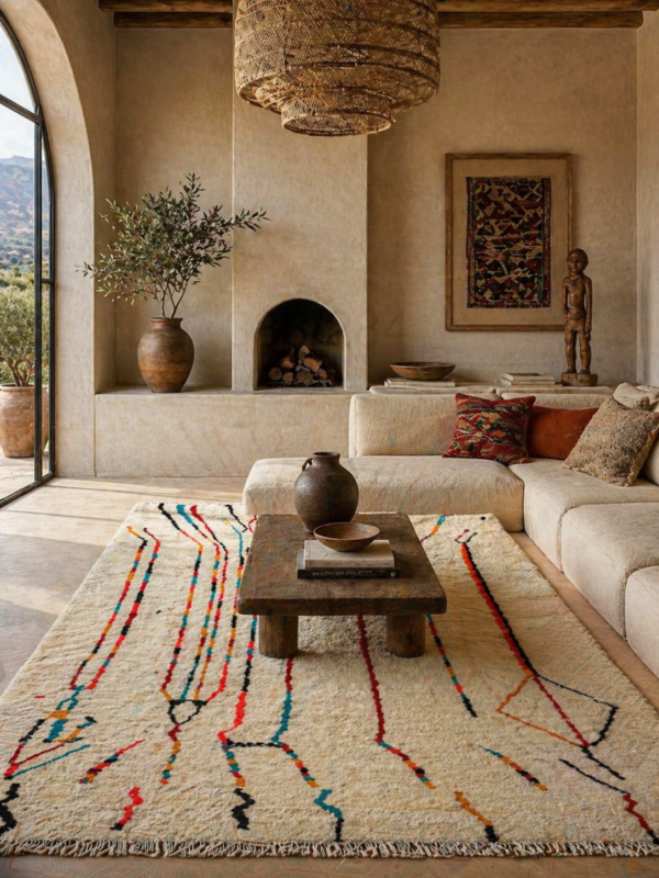 Handwoven Azilal rug with colorful abstract tribal pattern in Moroccan living room