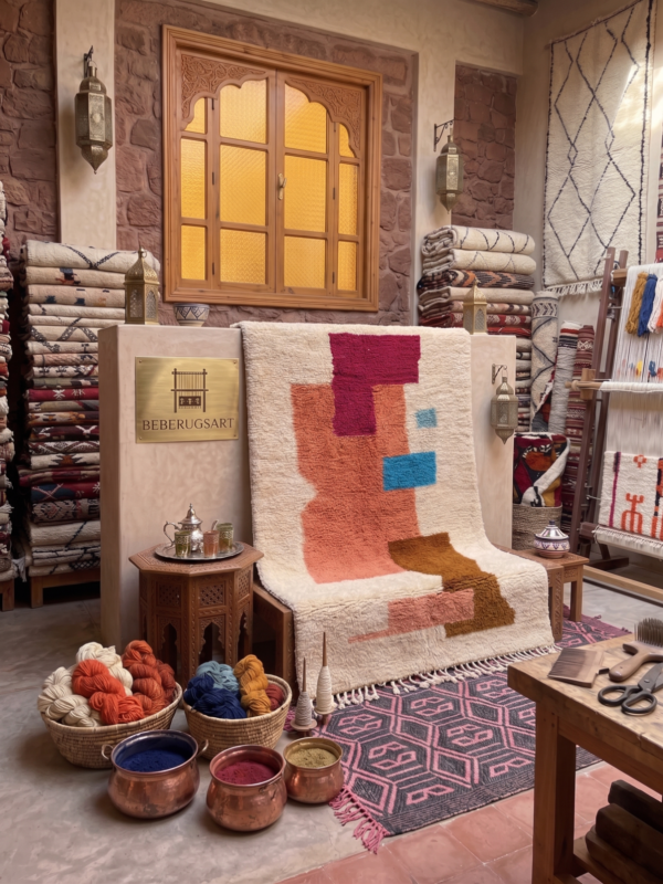Handwoven Azilal rug with colorful geometric block pattern in Moroccan interior