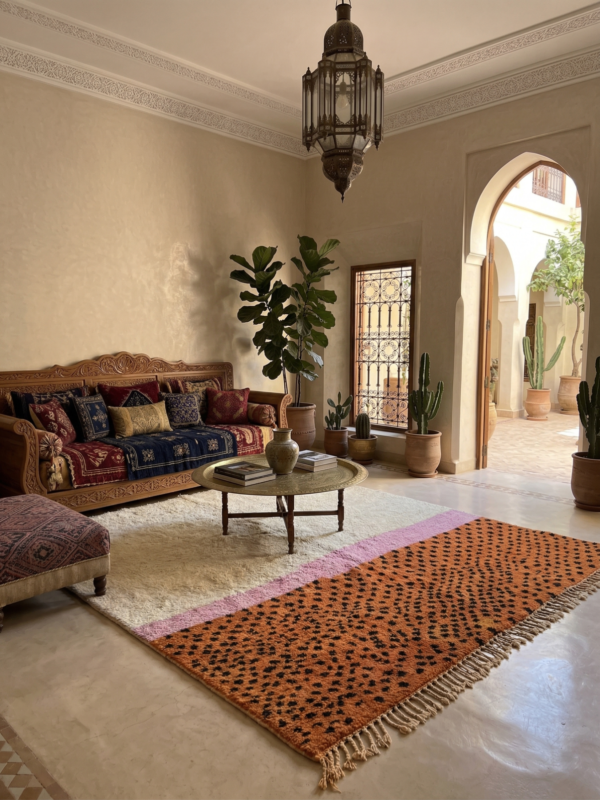 Handwoven Azilal rug with ivory top and orange abstract pattern in Moroccan interior