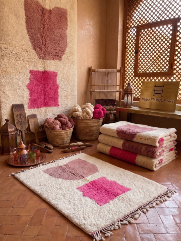 Handwoven Azilal rug with pink geometric pattern on ivory wool in Moroccan interior