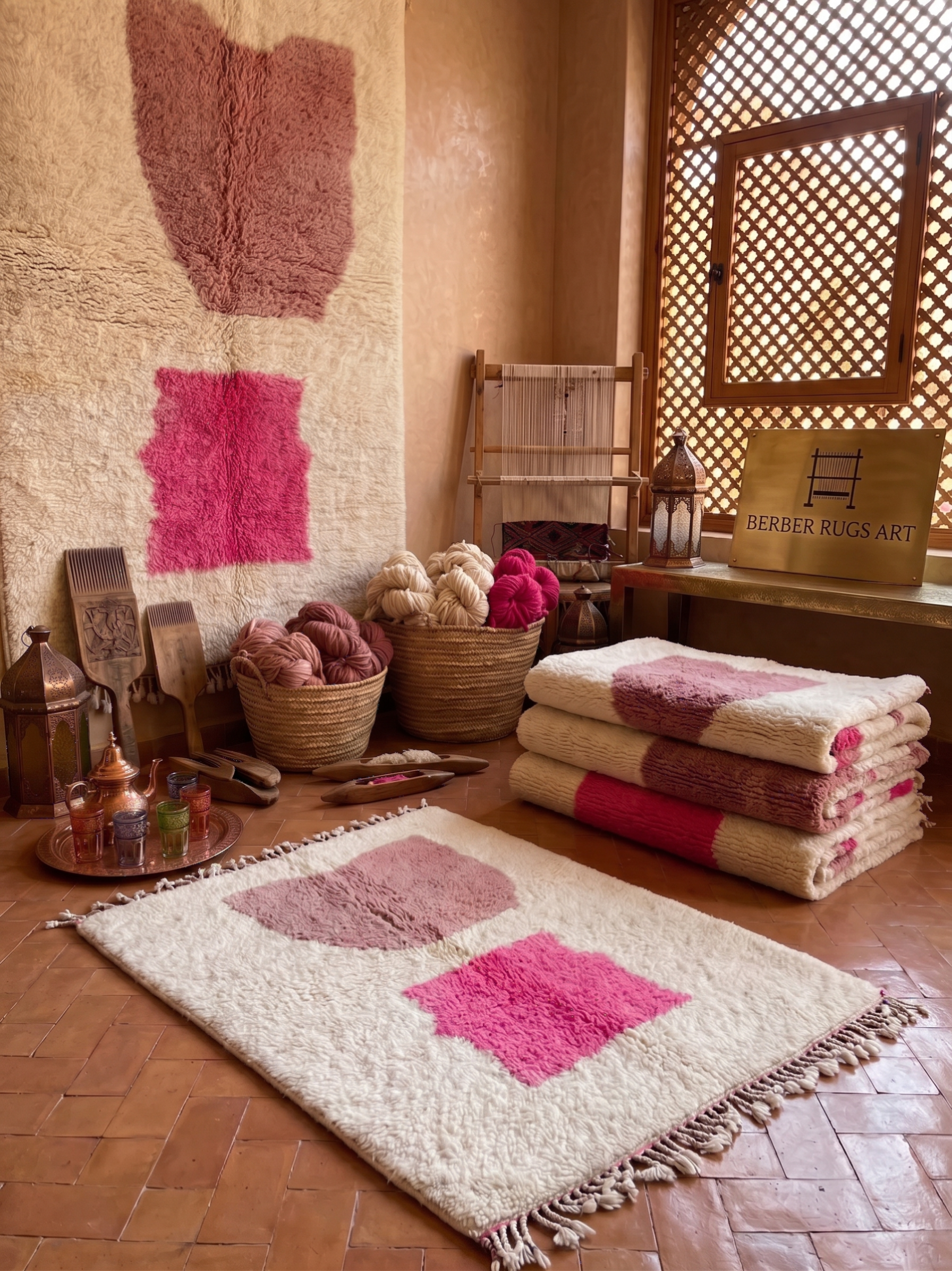 Handwoven Azilal rug with pink geometric pattern on ivory wool in Moroccan interior