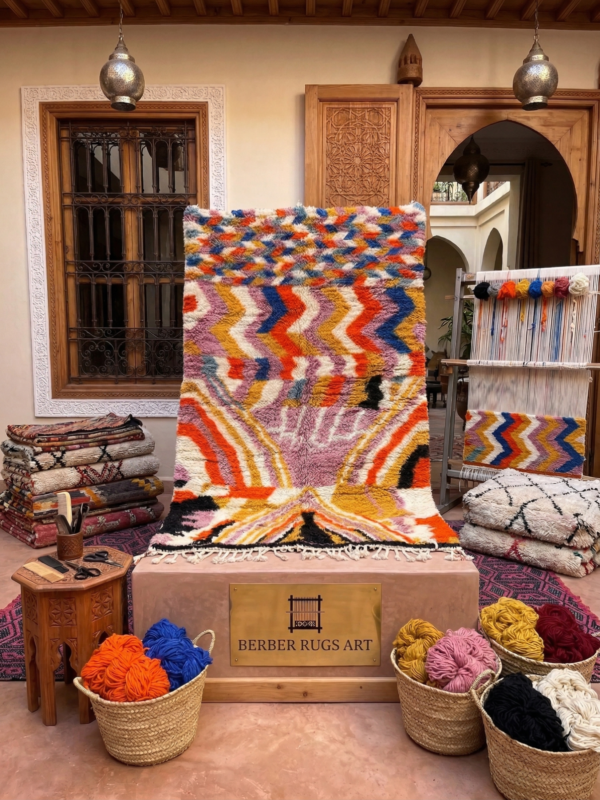 Handwoven Boujaad rug with colorful zigzag tribal pattern in Moroccan interior