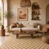 Handwoven Mrirt rug with beige checkered pattern in Moroccan outdoor setting