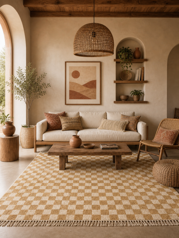 Handwoven Mrirt rug with beige checkered pattern in Moroccan outdoor setting