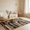 Handwoven Mrirt rug with black and cream geometric pattern in minimalist living room