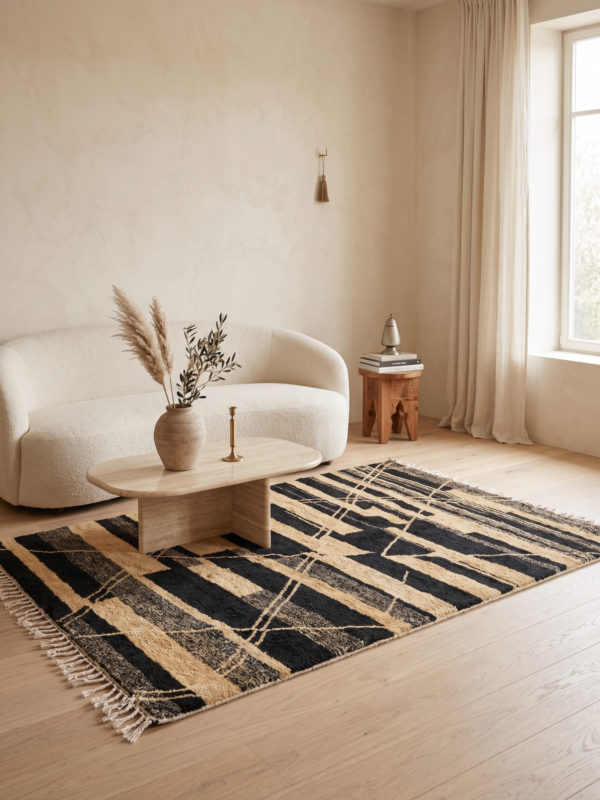 Handwoven Mrirt rug with black and cream geometric pattern in minimalist living room