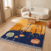 Handwoven Mrirt rug with blue and golden abstract pattern in modern living room