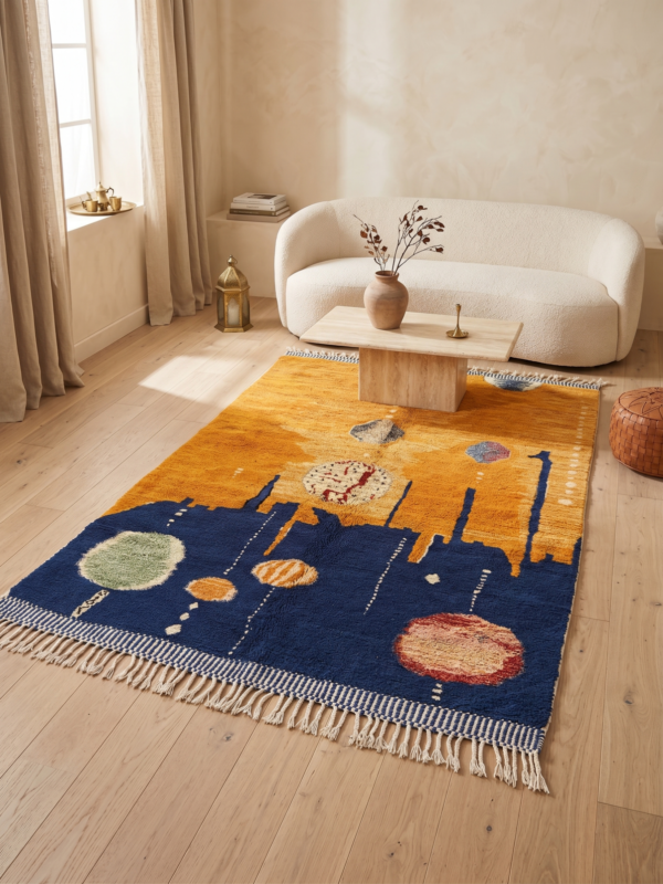 Handwoven Mrirt rug with blue and golden abstract pattern in modern living room