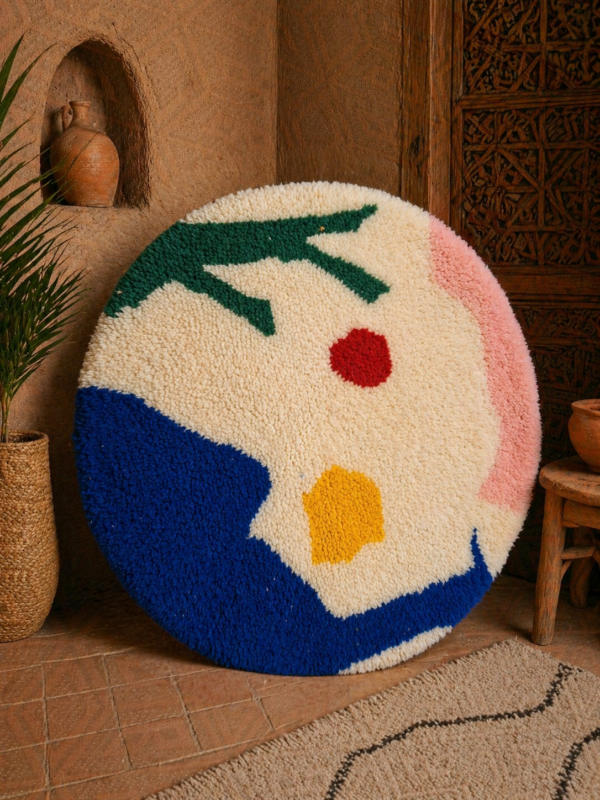Round abstract Moroccan wool rug in a Berber style living room