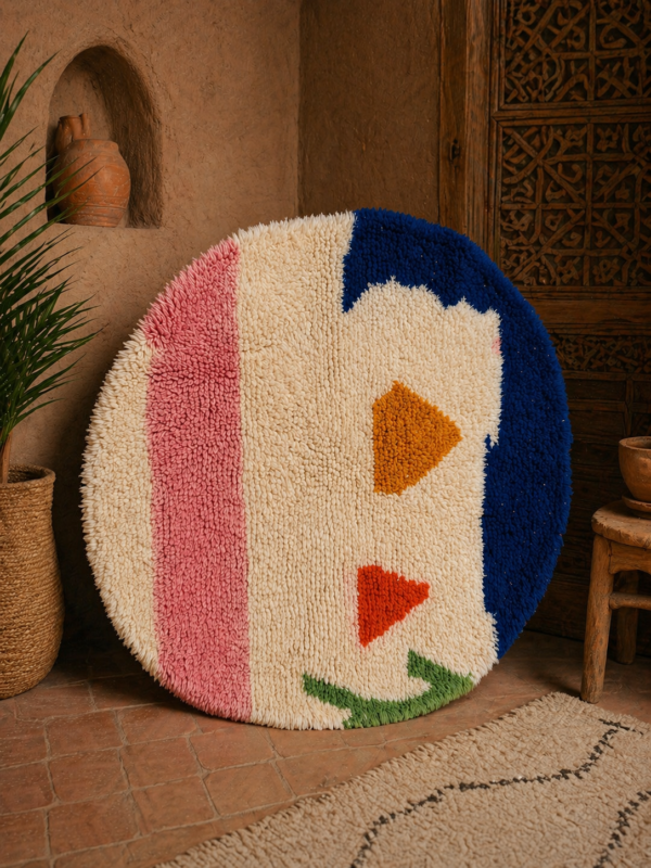 Round Azilal rug with blue and pink abstract design in Moroccan interior